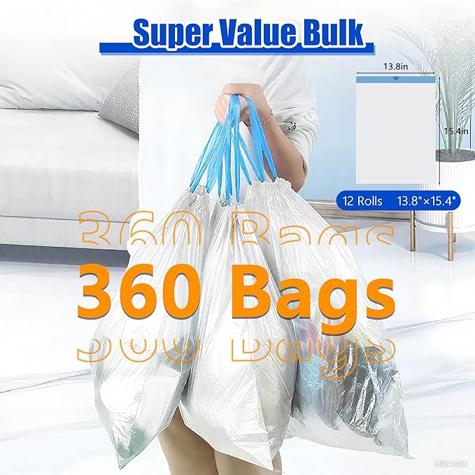 Small Trash Bags 1 Gallon, 360 Count -1.2 Mil Drawstring Mini Garbage Bags, White Plastic Trash Can Liners for Bathroom Accessories, 4 Liter, Bedroom, Dorm Room Essentials, Office