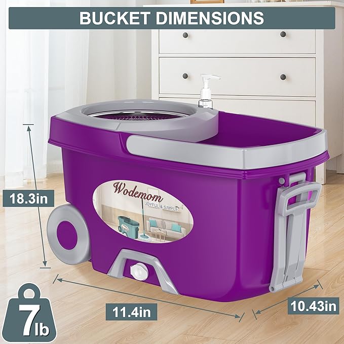 Dual Compartment Spin Mop and Bucket, Mop and Bucket with Wringer Set,360°Rotating Spinning Mopping for Floor Cleaning with 3 Microfiber Replacement Heads, 61" Extended Handle, 2X Wheel