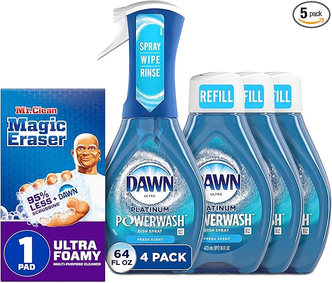 Bundle of Dawn Platinum Powerwash Dish Spray, Dish Soap, Fresh Scent Bundle, 1 Spray (16oz) + 3 Refills (16oz each)(Pack of 4) + Mr. Clean Magic Eraser Ultra Foamy Multi Purpose Cleaner, 1ct