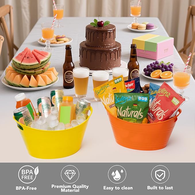 Tiawudi 6 Pack Ice Buckets with Handles, Ice Drink Tub for Party & Bar, Wine Beer Champagne Beverage Bottle Cooler, Plastic Storage Tub, Oval Storage Basket for Home, 4.5 Liter Each, Multi-Color