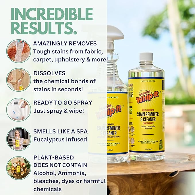 Whip-It Stain Remover and Concentrate Kit, 2-32oz Concentrates & 1-32 OZ Pro Spray Stain Remover, Makes 64 Bottles, Removes Coffee, Wine, Baby Stains, Pet Stains, Plant Based, Enzyme Cleaner, 500 Uses