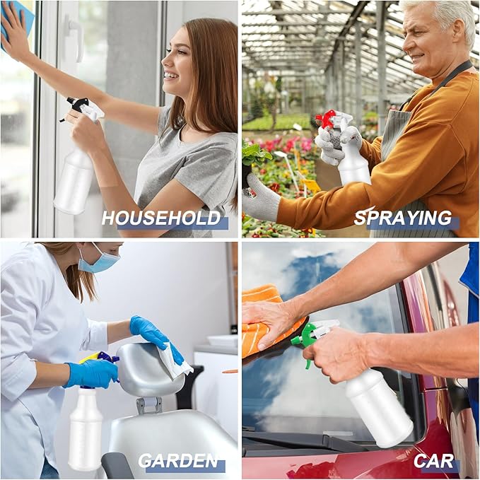 Zubebe 24 Pack 32 oz Plastic Spray Bottle Bulk Empty Leakproof Heavy Duty Spray Bottles for Cleaning Supplies Mist Bottles with Label and Adjustable Nozzle for Plant(Multicolor C,Clear Scale)