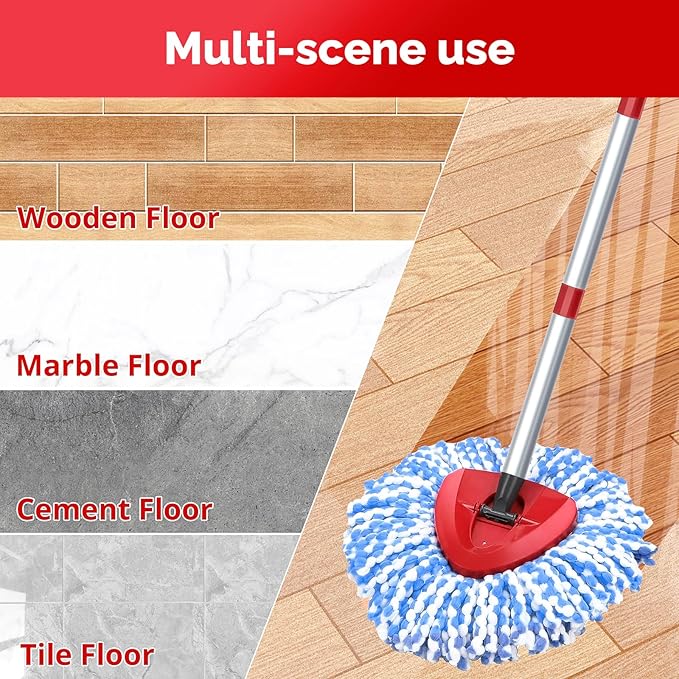 Spin Mop Head, Base, Handle Replacement for O-Ceda RinseClean 2 Tank System,4 Microfiber Mop Refills, 1 Base and 30-58in Handl Set Combo (Blue 2 Tank System)