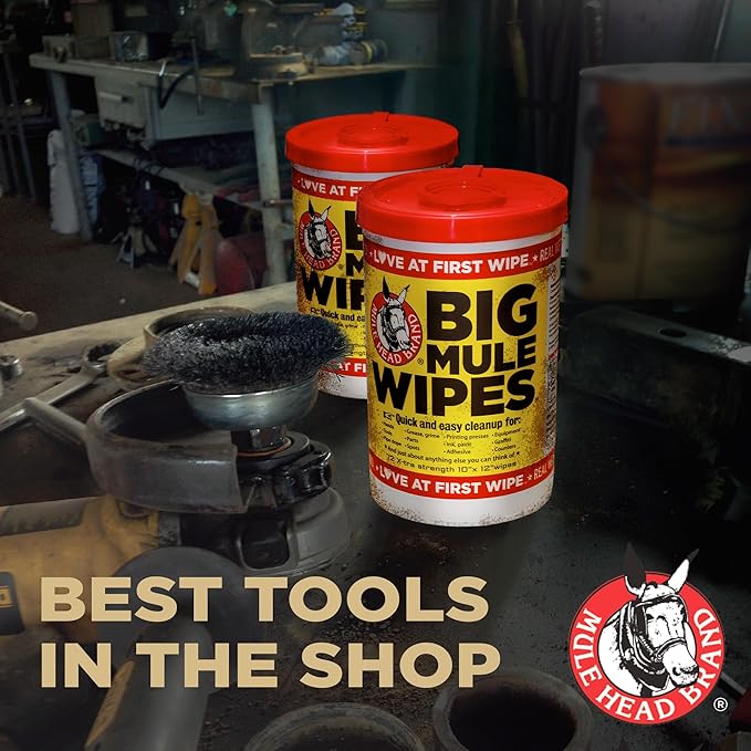 Mule Head Brand XL Heavy-Duty Cleaning Wipes – 2 Pack (10" x 12") – All-Purpose Garage, Automotive & Home Cleaning Wipes – Grease, Ink, Paint, Tar & Grime Remover – Safe for Hands & Multiple Surfaces