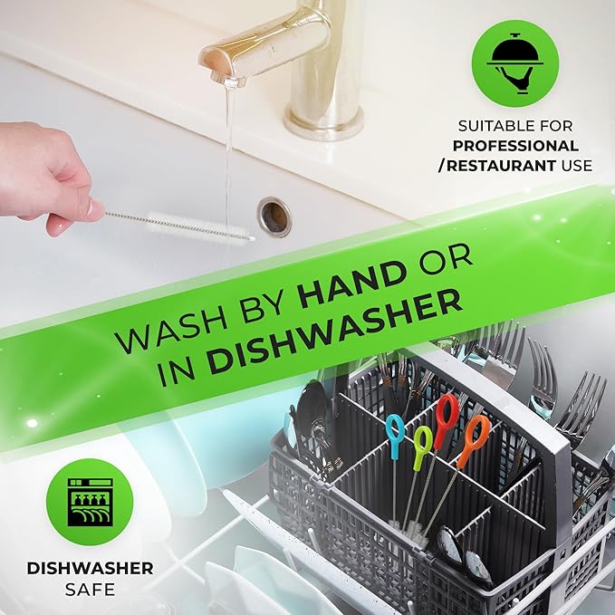 Heavy Duty Cleaning Brushes Set of 8 - Extra Long Straw Cleaners for Metal and Plastic Reusable Drinking Straws, to Clean Small Spaces, Sippy Cups, Water Bottles - Sturdy Hard Brush Bristles