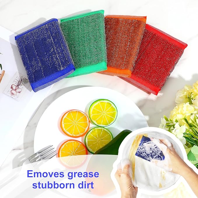24 Pack Steel Scrub Sponges, Non-Scratch Metal Dish Scrubbers Heavy Duty Scouring Pads Kitchen Metal scrubbers for Pots Pans Cleaning Red Blue Green Yellow 4 Color