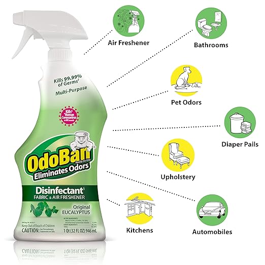 OdoBan Ready-to-Use Disinfectant and Odor Eliminator, Cleaner and Fabric/Air Freshener, Set of 2, 14.6 Ounce 360-Degree Continuous Spray and 32 Ounce Trigger Spray, Original Eucalyptus Scent