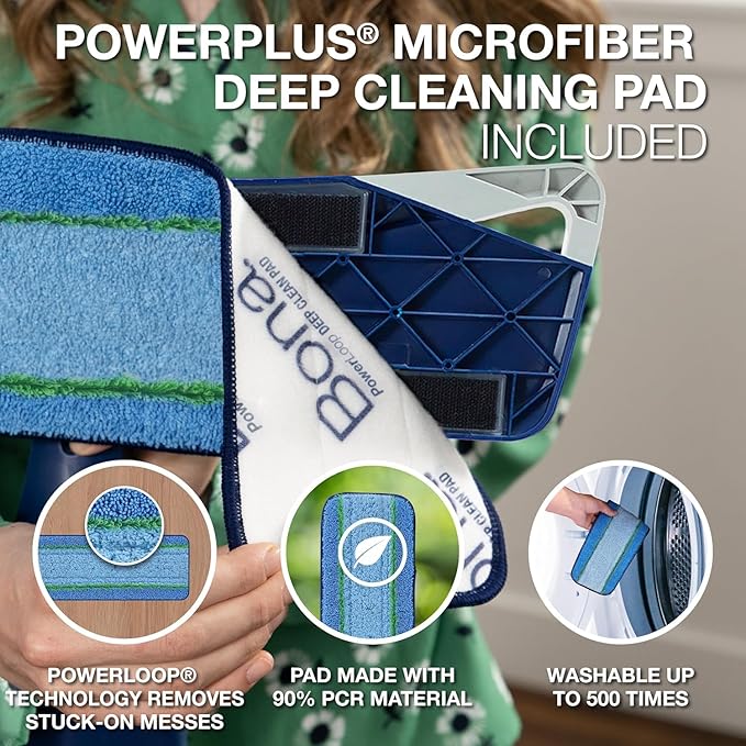 Bona PowerPlus Premium Motion Spray Mop for Hardwood Floors - Includes PowerPlus Hardwood Floor Cleaning Solution and PowerPlus Microfiber Cleaning Pad - Vibrating Spray Mop for Wood Floors