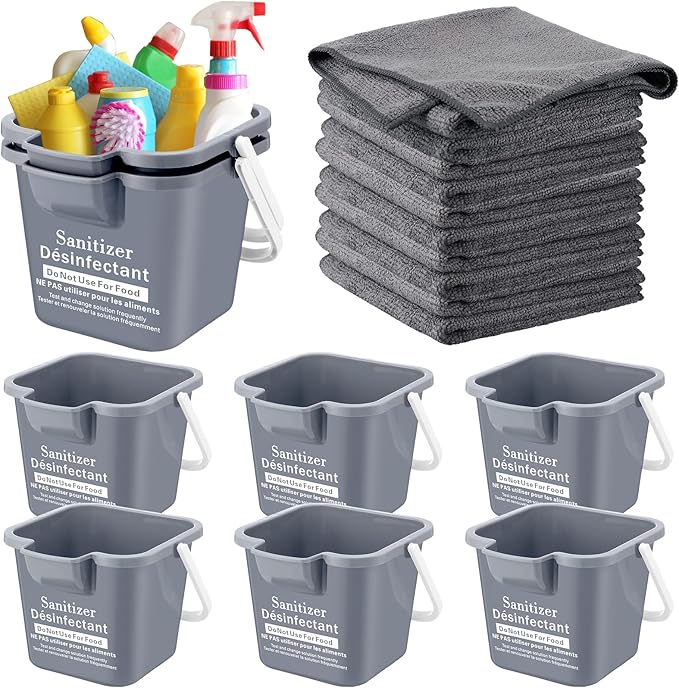 Vesici 6 Sets 3 Quart Cleaning Bucket with Microfiber Cleaning Cloths Small Sanitizing Square Bucket Detergent Plastic Utility Pail with Handle for Household Restaurant Office School Use (Gray)