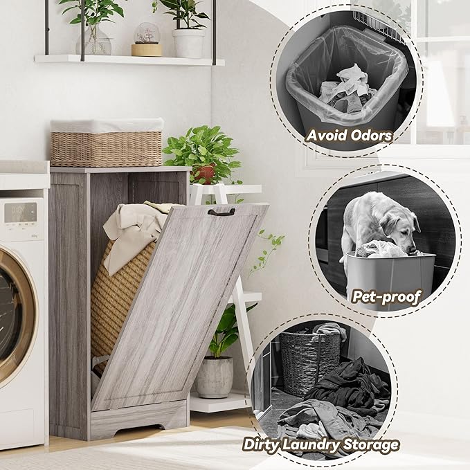 Tilt Out Trash Can Cabinet, Wooden Dog Proof Trash Can Cabinet Laundry Hamper, Hidden Large Recycling Bins for Kitchen, Living Room, Bathroom, Wash Grey
