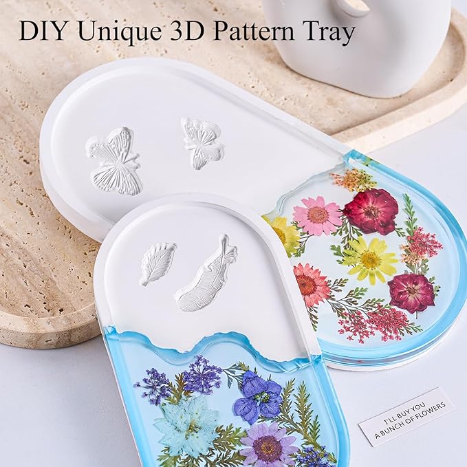 Silicone Tray Molds for Epoxy Resin Mold Tray with Sides 2 PCS Butterfly Carved Jewelry Trinket Dish Concrete Plaster Mould Large Oval Storage Plate Coaster Container Cement Moulds with Clear Stamps