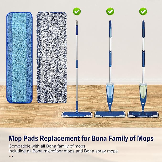 6 Pack Mop Pads for Bona Family of Mops, 3 Microfiber Cleaning Pad + 3 Microfiber Dusting Pad, Reusable Mop Refill Replacement Head for Dry and Wet Floor Cleaning