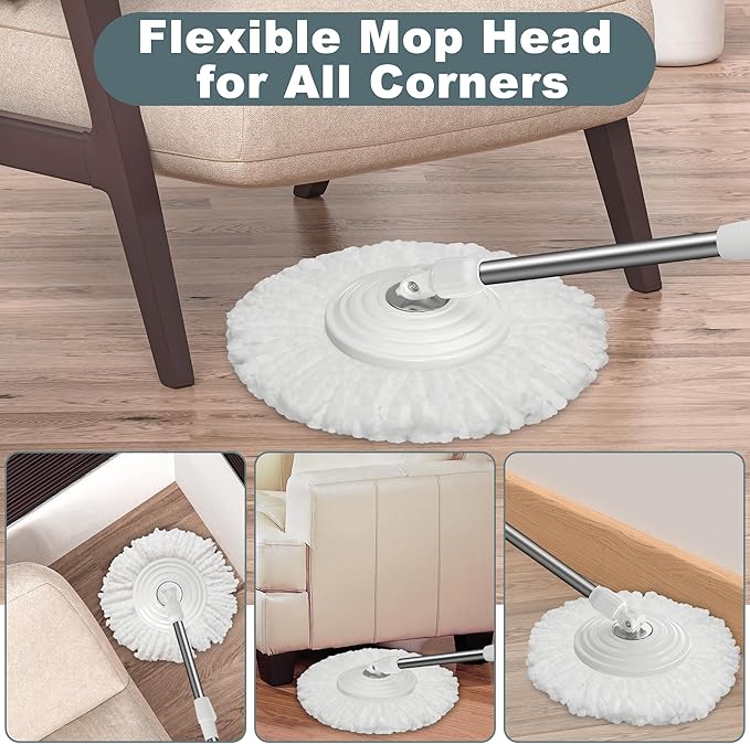 Mop and Bucket with Wringer Set,Spin Mop and Bucket System, Mops for Floor Cleaning,Household Supplies Tools with 3 Replacement Refills,61" Extended Handle for Household Hardwood Floor - White