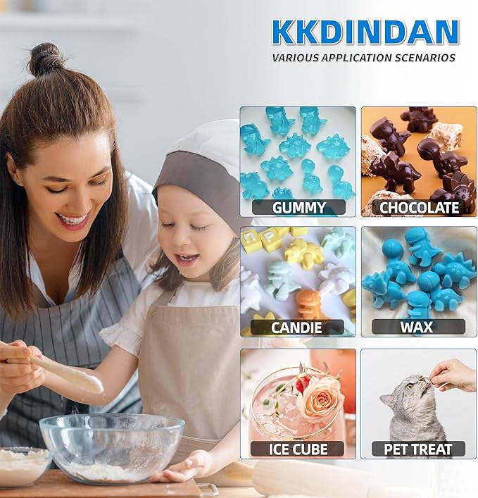 Dinosaur Silicone Molds 4 PCS, Non-stick Mini Size Candy Gummy Molds with 2 Droppers, BPA Free Food Grade Silicone Molds, Chocolate Molds