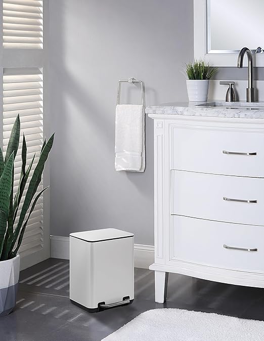 SunnyPoint 6 Liter(1.58 Gallon) Small Trash Can with Plastic Inner Buckets; Rectangle Bathroom, Office, Kitchen, and Bedroom Step On and Slow Close (WHT)