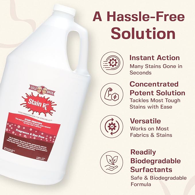 Stain Remover, Effectively Eliminates Stains from Wine, Berries & Blood on Colorfast Fabrics, Carpets, Upholstery & Jewelry, Fragrance Bleach & Dye-Free, Peroxides & Phosphates, 1 Gallon