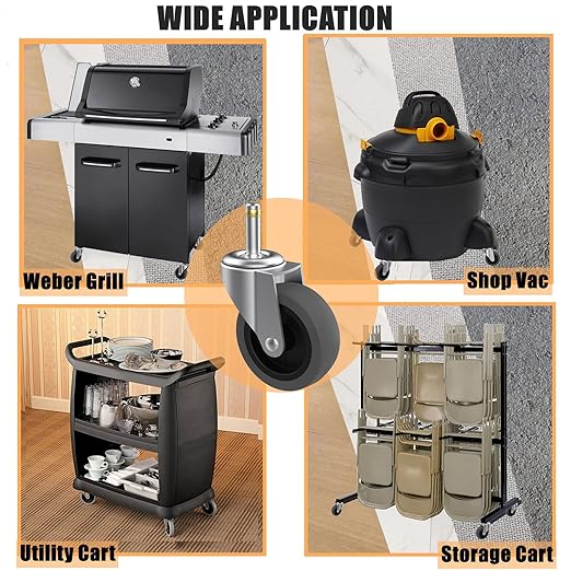 3-Inch Swivel Stem Caster for Rubbermaid Mop Bucket Utility Cart, 7/16-Inch Stem Diameter Rubber Wheel Set of 4, Heavy Duty TPR Weber Grills Shop Vac Replacement Wheels
