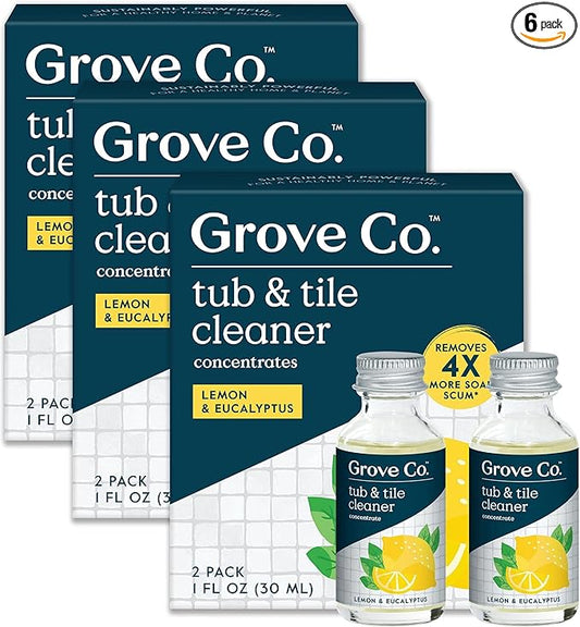 Grove Co. Tub and Tile Cleaner, Refill Concentrate (6 x 1 Fl Oz) Plant-Based Household Cleaning Supplies, No Plastic Waste, 100% Natural Lemon & Eucalyptus Fragrance, 3 x 2 Pack Refills
