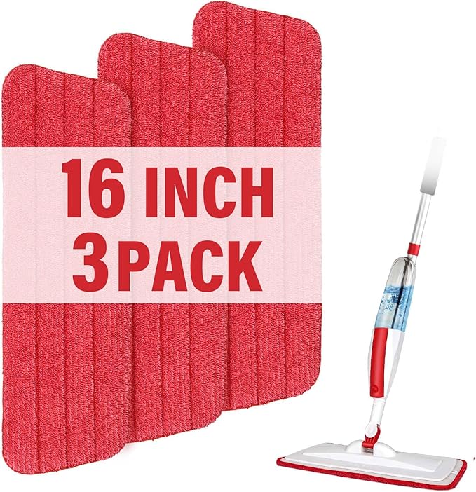 16.5 inch Mop Pads Refills, 3 Pack Microfiber Reusable Replacement Mop Pads Flat Replacements Heads for Wet Or Dry Floor Cleaning and Scrubbing, Red Cloth