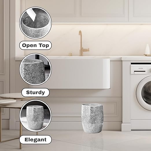 Escenzy Modern Bathroom Trash Can Silver Mosaic Glass 5L | 7" x 10" | Luxury Waste Basket for Restroom, Bedroom, Office & Kitchen | Decorative Small Garbage Can | Silver Glitter Bathroom Accessories