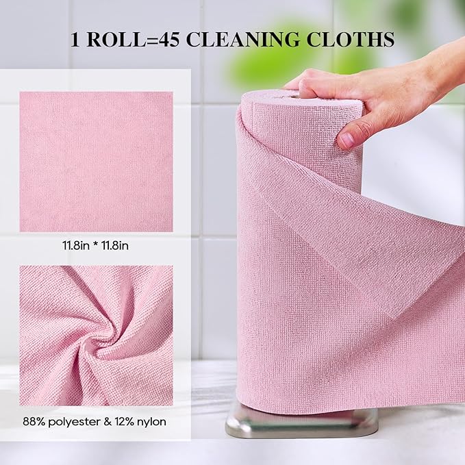 HONOVA Microfiber Cleaning Cloth Roll 45 Pack, 12''×12" Reusable Paper Towels, Tear Away Microfiber Towels, Highly Absorbent, All-Purpose Washable Cleaning Rags for Kitchen, Window, Car, Shop (Pink)