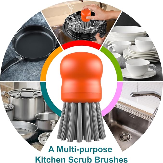 Mini Dish Brush for Cleaning Chicken Shredder, Palm Brush Dish Scrubber with Ergonomic Grip, Kitchen Brush for Washing Dishes, Pans, Pots, Sink, 1 Pack (Orange)