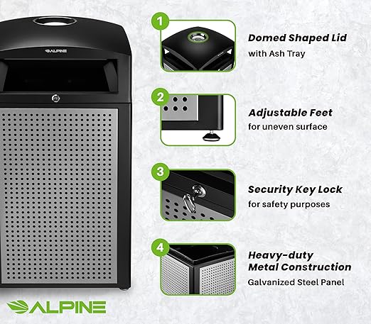 Alpine Outdoor Commercial Trash Can with Lid - 40 Gallon Heavy Duty Metal Garbage Can with Removable Bin, Locking Lid for a Modern Look in Parks, Parkings & High Traffic Areas (Black & Grey with Tray)