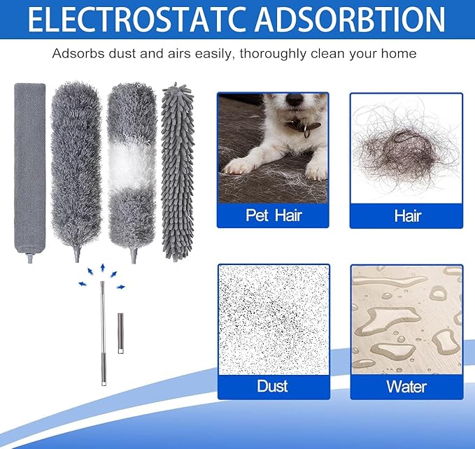 Dusters for Cleaning - 9Pcs Feather Duster Extendable Pole Up to 100'', Microfibre Feather Duster Bendable Washable Long Duster for Cleaning Ceiling Chandelier High Ceiling Furniture