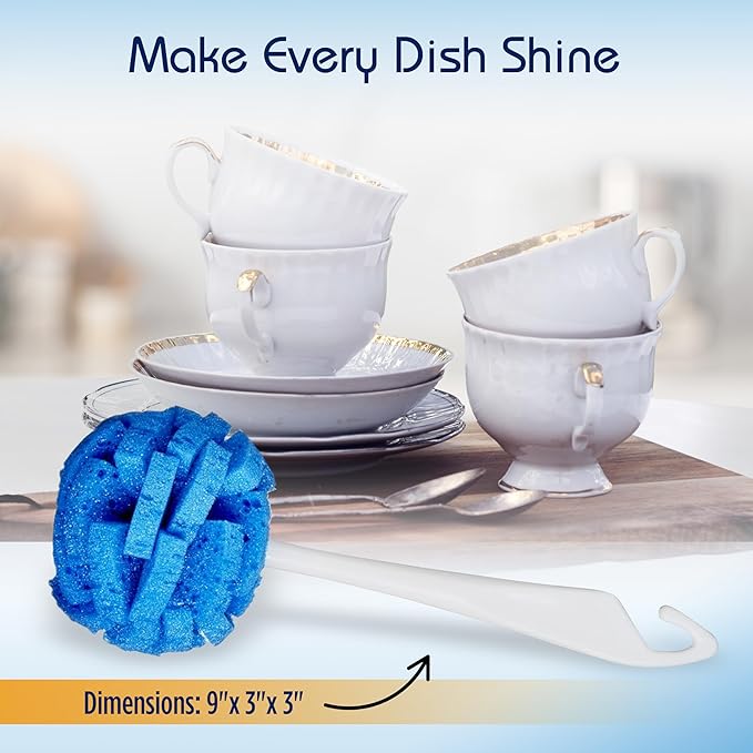 Compac Home Dish Wand China Scrubbing Sponge, Cleans Dishes and Glassware Effectively, Unique Round Ball Shape for All-Around Cleaning, Flexible Brushes are Gentle on Your Nice Dishes, 6 Count
