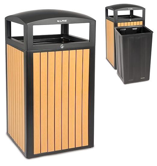 Alpine 40 Gallon Commercial Outdoor Trash Can with Lid - Modern Heavy Duty Large Outdoor Garbage Can with Durable Plastic Bin, Slatted Recycled Plastic Panels for Patio, Parks, Trails & Resorts (CD)