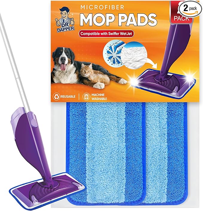 DR DAPPER Reusable Wet Jet Pads Compatible with Swiffer WetJet Mop, 2 Pack Wet Jet Refills, Reusable Wet Pads, Microfiber Mop Pad Refills for Floor Mopping and Cleaning, Wet & Dry Use Refills, Blue