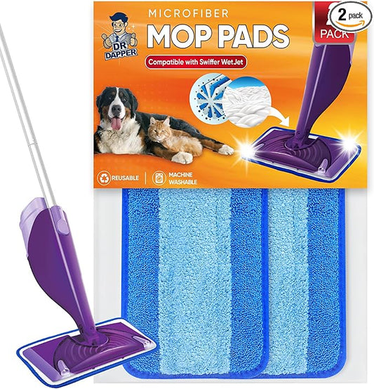 DR DAPPER Reusable Wet Jet Pads Compatible with Swiffer WetJet Mop, 2 Pack Wet Jet Refills, Reusable Wet Pads, Microfiber Mop Pad Refills for Floor Mopping and Cleaning, Wet & Dry Use Refills, Blue