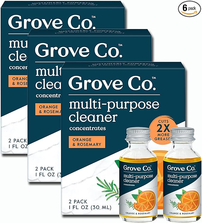 Grove Co. Multi-Purpose Cleaner, Refill Concentrate (6 x 1 Fl Oz) Plant-based Household Cleaning Supplies, Ammonia & Chlorine Free, No Plastic Waste, Orange & Rosemary Scent, Total 3 x 2 Pack Refills
