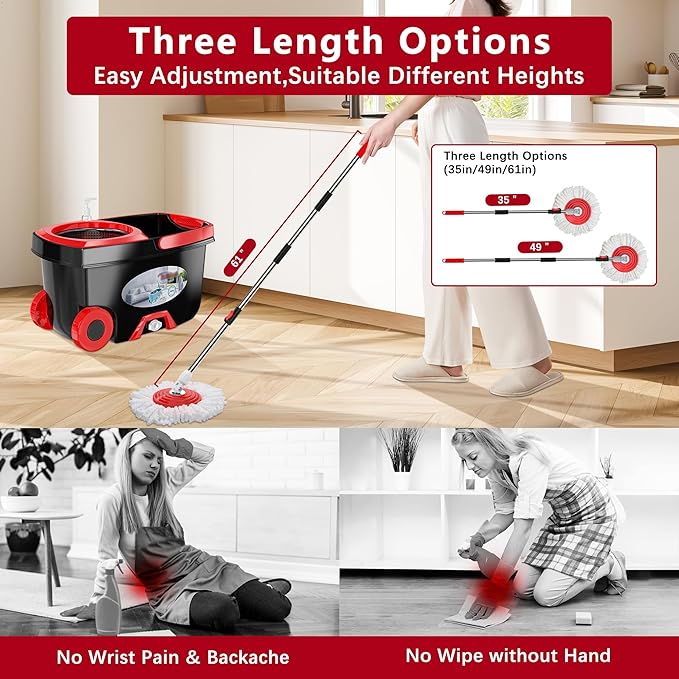 FunClean Spin Mop and Bucket,Mop and Bucket with Wringer Set for Home,360 Spinning Mopping Floor Cleaning Tool with 4 Microfiber Replacement Head Refills,61" Extended Handle, 2X Wheel - Black