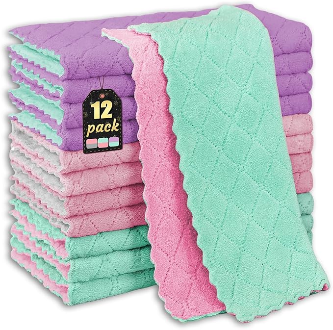 12-Pack Premium Coral Fleece Microfiber Cleaning Cloths, 10"x10" - Streak-Free & Lint-Free, Multipurpose Rags - Assorted Gray, Purple & Pink Towels for Home, Kitchen, Glass & More