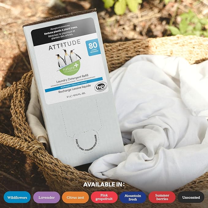 ATTITUDE Liquid Laundry Detergent Refill, EWG Verified, HE Compatible, Plant-Based & Vegan, Natural Laundry Soap, Mountain Fresh Scent, 80 Loads, 67.6 Fl Oz (Pack of 4)