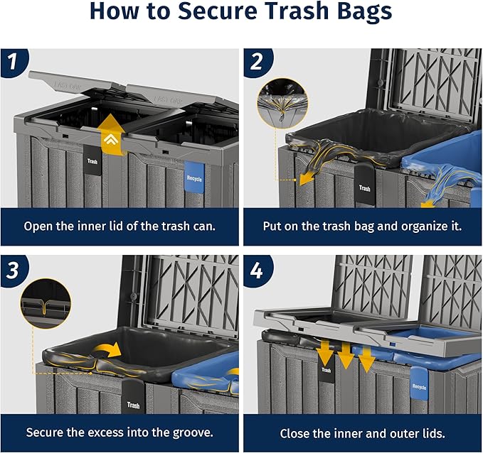 EAST OAK 62 Gallon Outdoor Trash Can | Waterproof Resin Garbage Can with Recycle and Garbage Labels | Secure Bag Lip Lock and Drip Tray | Outside Trash Bin for Patio | Kitchen, Backyard or Deck | Gray