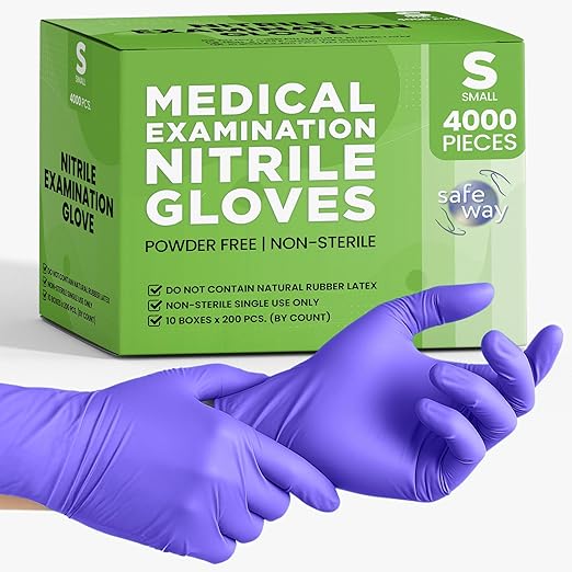 SafeWay Nitrile Gloves, 4000 Ct, Small, Powder-Free, Latex-Free, All-Purpose, Professional Disposable Gloves with Textured Fingertips for Medical Use, Food Prep, Cleaning, Tattoo & More
