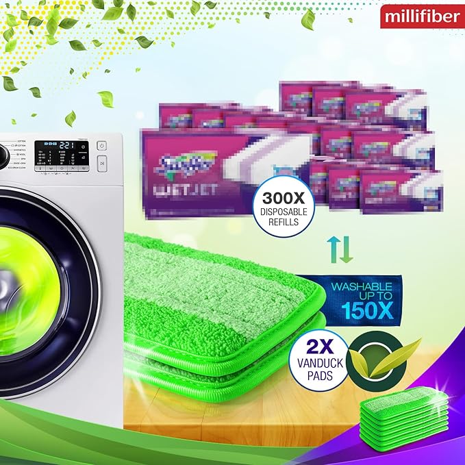 Reusable Mop Pads Compatible with Swiffer WetJet (2 Pack) - Microfiber Mop Refill for Wet Mopping Cloths - Hardwood Floor Cleaning Spray Pads Reusable Replacements - Green