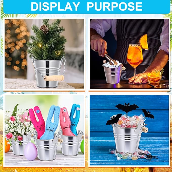 Zopeal 6 Pcs Large Metal Bucket Beer Bucket Galvanized Steel Pail with Handle for Gifts Basket Ice Candy Party (3.5 x 3 x 2.3 Inch,Silver)