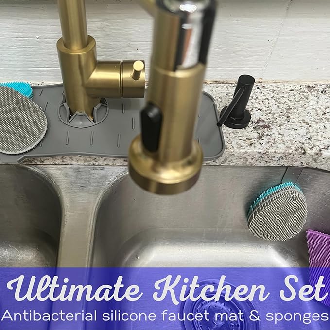 Faucet Mat for Sink - Silicone Scrubber Dish Set, Splash Guard, Food Grade BPA Free Kitchen Scrubber