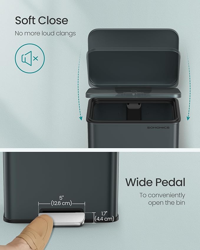 SONGMICS Kitchen Trash Can, 10.5 Gallon (40 L) Garbage Can, Large Step Trash Bin with Lid, Stainless Steel, Soft Close, 15 Trash Bags Included, Charcoal Gray ULTB540G01