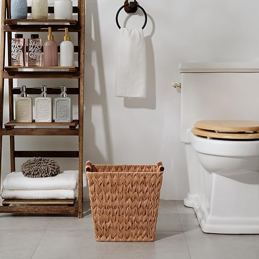 GRANNY SAYS Bathroom Wastebasket, Caramel Orange Woven Trash Can with Handles, Waterproof Wicker Waste Basket for Office, 2-Pack, 13" x 7 ½" x 12 ½"