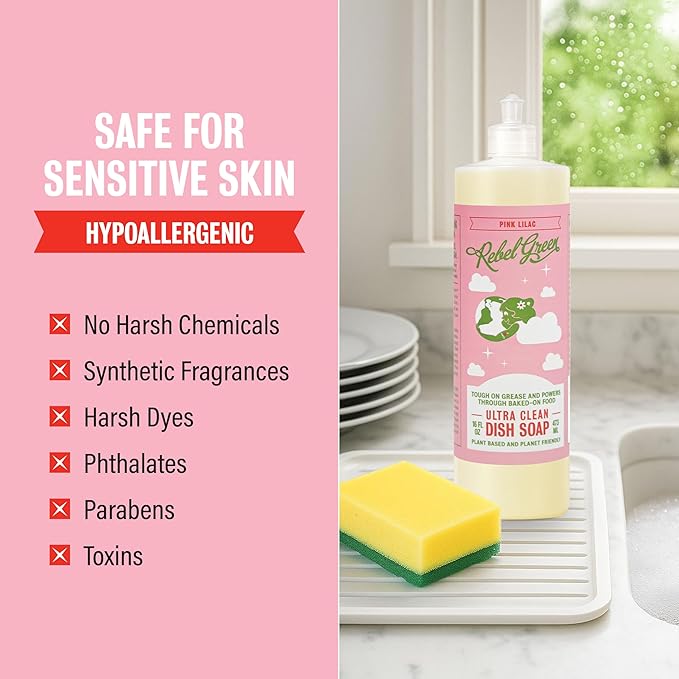 Rebel Green Super Deluxe Dish Soap - Natural Dishwashing Soap - Liquid Dish Detergent - Sustainable Dish Liquid Scented with Pink Lilac - (16 oz Bottles, 2 Pack)