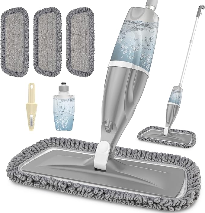 Microfiber Spray Mops for Floors Cleaning: EXEGO Dust Mop Wet Mop with 3 Washable Resuable Pads -440ML Refillable Bottle and 1 Scraper - Flat Floor Mop for Hardwood Laminate Ceramic Tiles Vinyl Woood