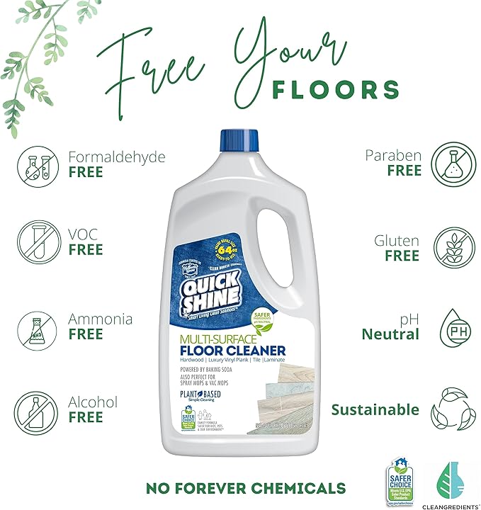 Quick Shine Hardwood Floor Luster 64oz | Plant-Based Cleaner & Polish w Carnauba | Simply Squirt & Spread & Multi Surface Floor Cleaner 64oz | Ready to Use, Dirt Dissolving, Streak Free