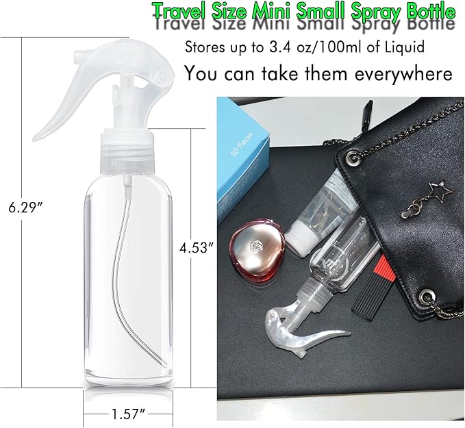 Small Spray Bottles, Hair Spray Bottle 3.5oz/100ml Clear Plastic Fine Mist Travel Size Mini Empty Bottle Set Refillable Reusable Liquid Container for Essential Oils Water Squirt (4 Pack)