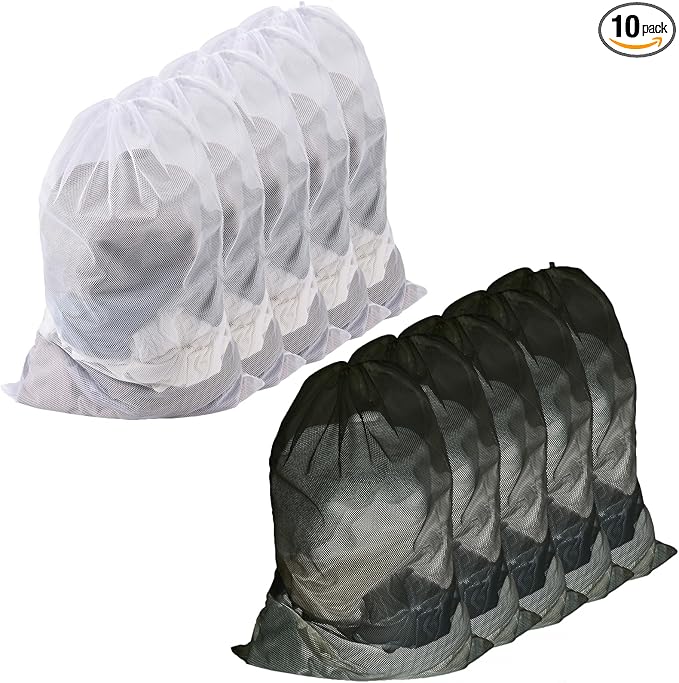 10-Pack Mesh Laundry Bags, 24 × 36 Inch Heavy-Duty Drawstring Mesh Bag Set (5 Black & 5 White) – Large Wash Bags for College, Dorm, Travel, Family & Apartment Use