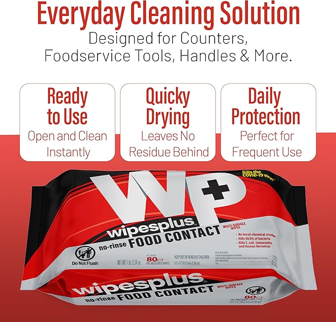 WIPESPLUS No-Rinse Food Contact Wipes, Multi-Surface Wipe, Unscented for Home and Business, 960 Count, (12 Packs of 80)