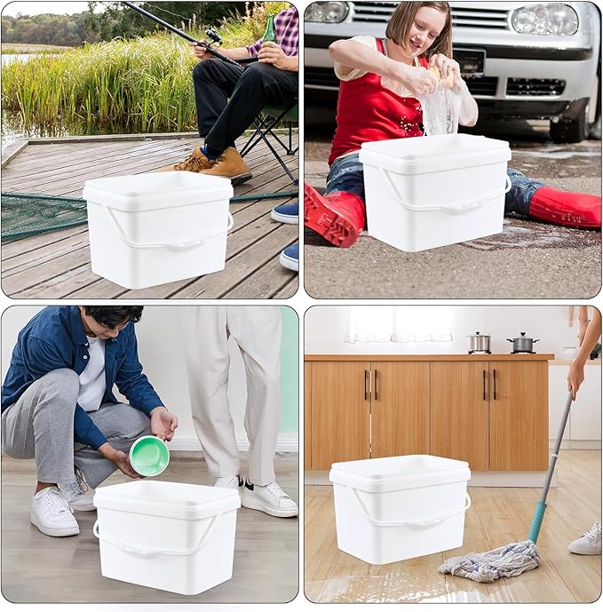 4-Pack 5 Gallon Plastic Rectangular Bucket Pail with Snap Lid, Square Food Bucket Pail Container with Handle, White